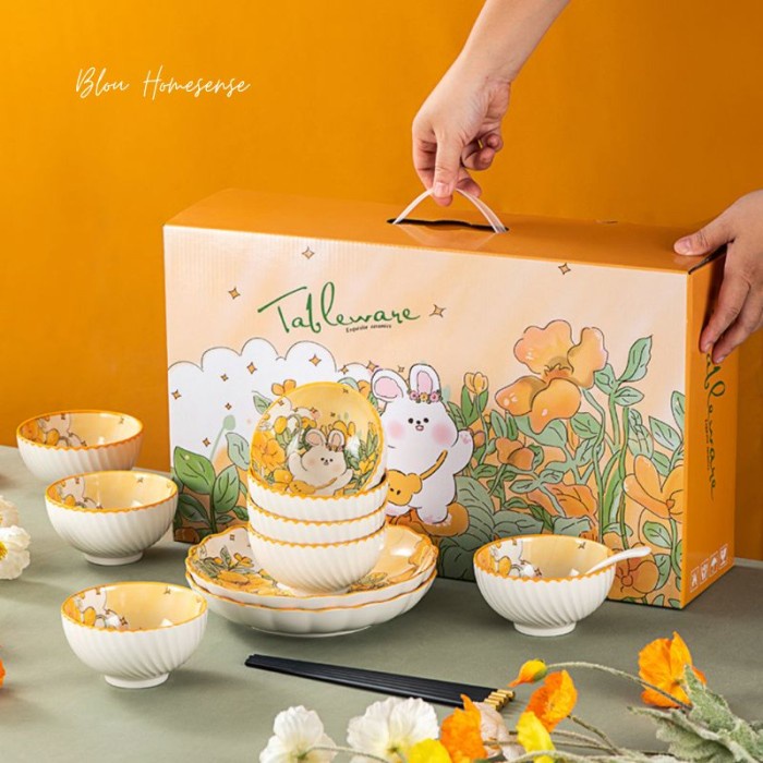 Promo Blou Set Piring Mangkok Keramik Cantik Gift Set Hampers Cute Rabbit
