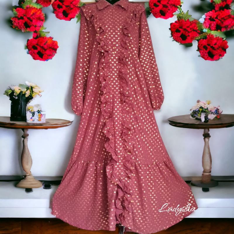 Dress gamis ruffle rose gold crinkle india premium