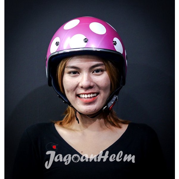 Helm Retro Mvstar Bogo -Polkadot Pink White-Chip Harley Motor Vespa