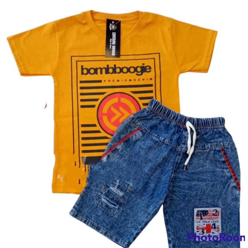 EXCLUSIVE ANAK ANAK SETELAN BOMBOGIE ANAK JEANS SOBEK KAOS DISTRO 1-7 TAHUN