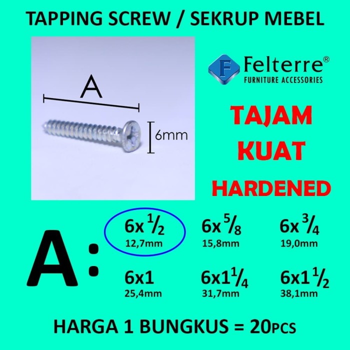 ___] 6 x 1/2 in=20 MOONLION/ FELTERRE TAPING SCREW SKRUP SEKRUP ALUMINIUM