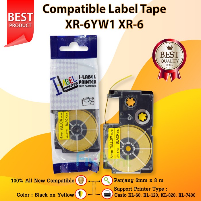 

Label Tape Casette Xr-6Yw1 Xr-6 Black On Yellow 6Mm Kl60 Kl120 Kl820 Star