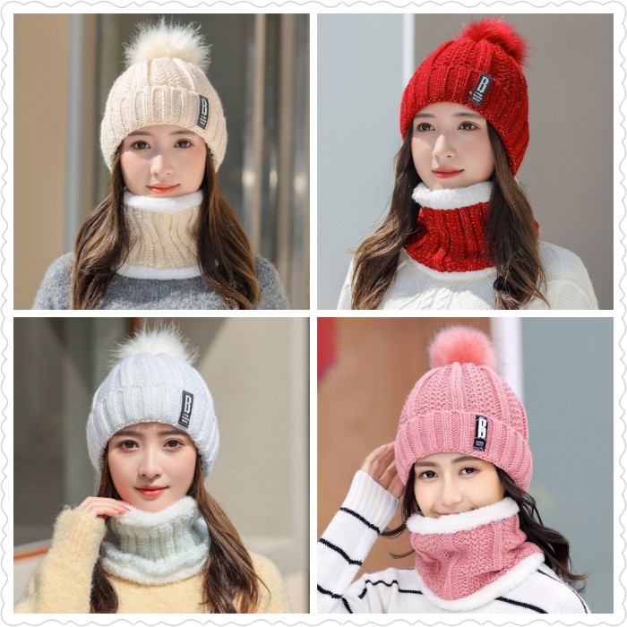 TOPI KUPLUK SYAL RAJUT BEANIE SET POMPOM WINTER KOREA IMPORT WANITA