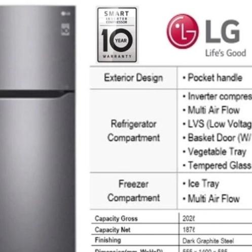 Kulkas LG GN-B202SQIB Inverter B202SQIB 2 Pintu 202SQIB Kode Yp 1085