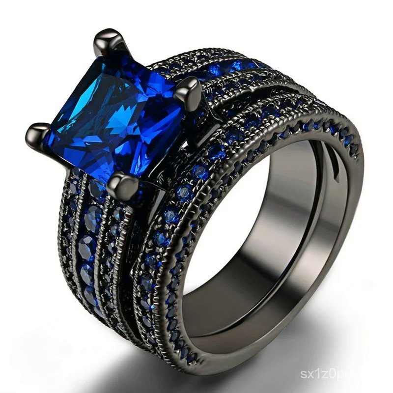 Cincin Wanita Warna Hitam Emas Mode Set Cincin Berlian Imitasi Zirkon Kubik Biru Elegan untuk Wanita