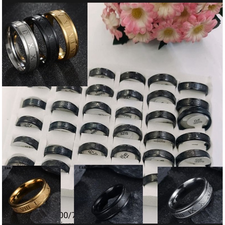 Cincin Couple Hitam Titanium 1Box Isi 36Pcs Romawi Dan Sisi Rata Polos 1 Box Abjad Huruf Anti Karat 