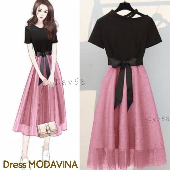 Kuntistore_26 // Dress Modavina Dress Wanita Ala Korea Tile Remaja Gereja Natal Imlek Stok Terbatas