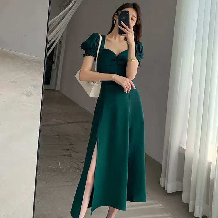 Green Dress Female Summer New Puff Sleeve Retro Slit Dress