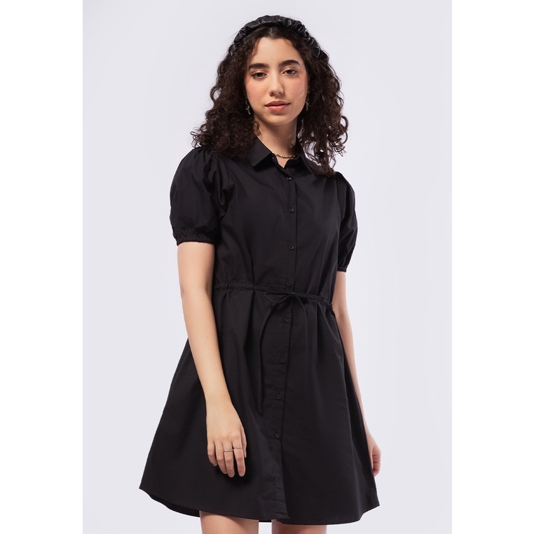 COLORBOX Balloon Sleeves Mini Shirt Dress Black
