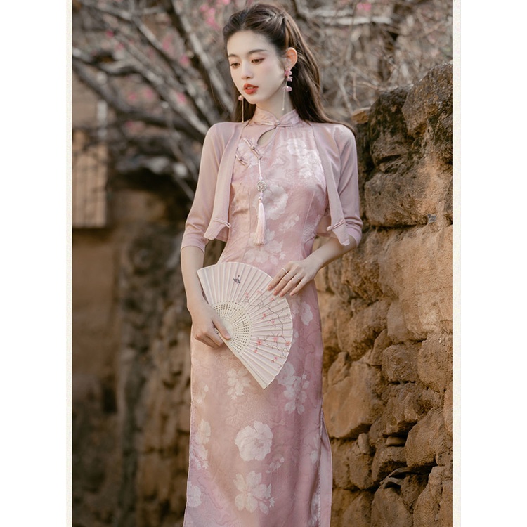 Chinese Style Republic of China Style Daily Gentle Sweet off-Shoulder Cheongsam Dress Elegant Dress