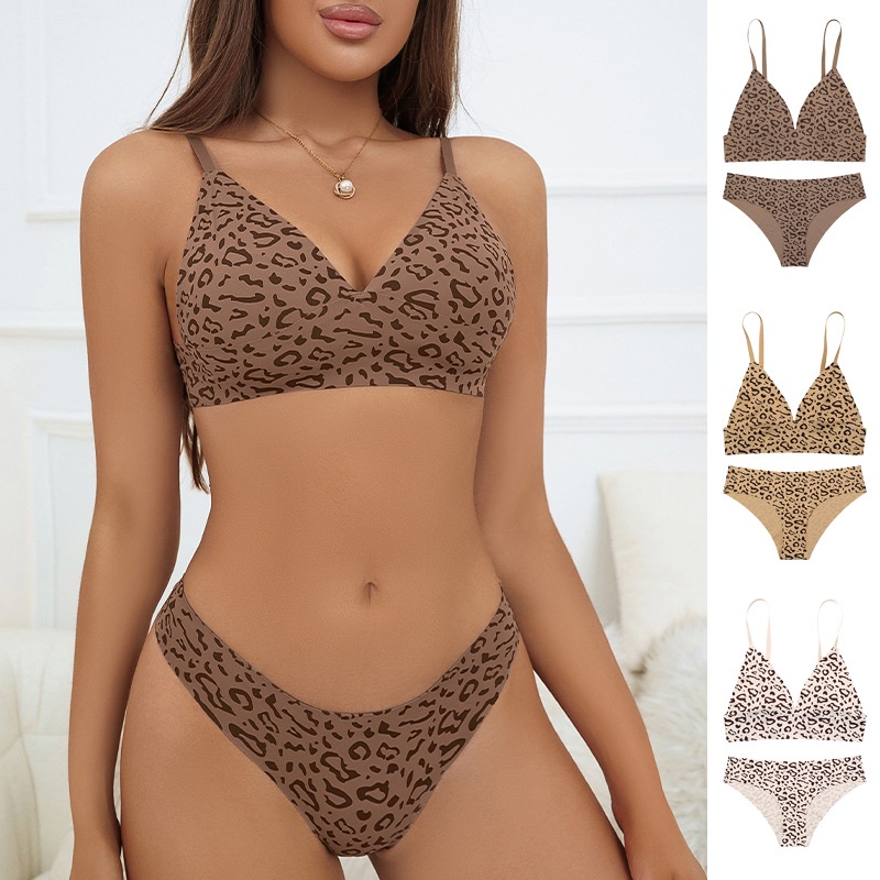 Bra Tanpa Kawat Sutra Es Mulus Motif Macan Tutul Seksi Ukuran Besar Eropa dan Amerika Set Lingerie K