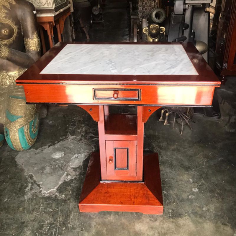 Meja Marmer Putih Artdeco Laci Antik Kayu Jati Lawas
