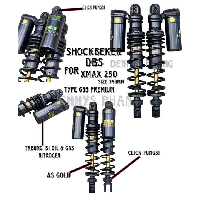 SHOCK DBS 633 PREMIUM TABUNG ATAS XMAX 250 348mm CLICK ATAS BAWA FUNGS