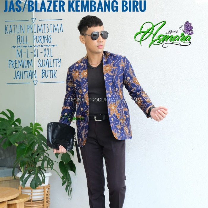 Hards Kembang Biru Jas Blazer Batik Pria Modern Katun Full Furing -As