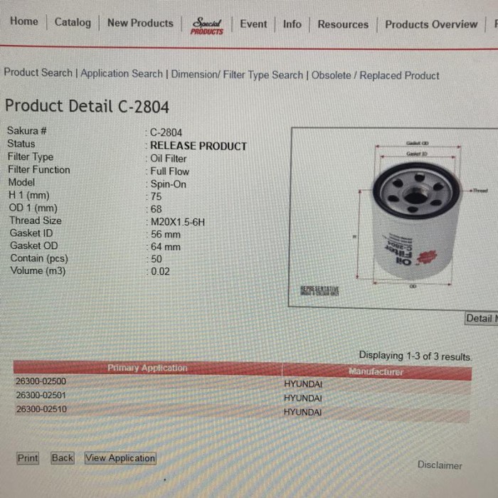 Filter Oli Hyundai Visto Sakura ( C 2804 ) -04570- Kode Ku251