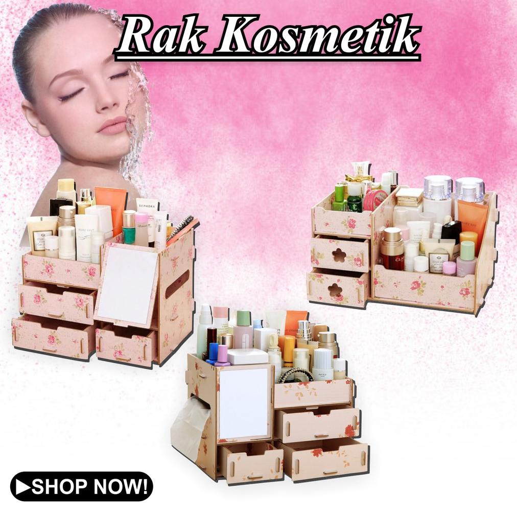 Rak Kosmetik Cermin - Rak Kosmetik Bahan Kayu Cermin Vintage Storage Rak Kosmetik Kayu Cermin