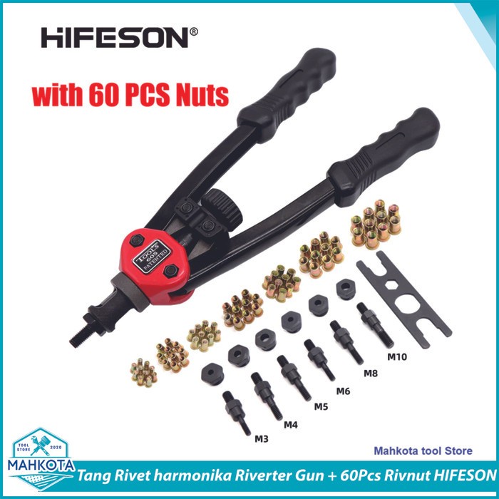 Tang Rivet / Ripet / Riverter Gun + 60Pcs Nut Rivet Hifeson Original 100% Dan Terpercaya