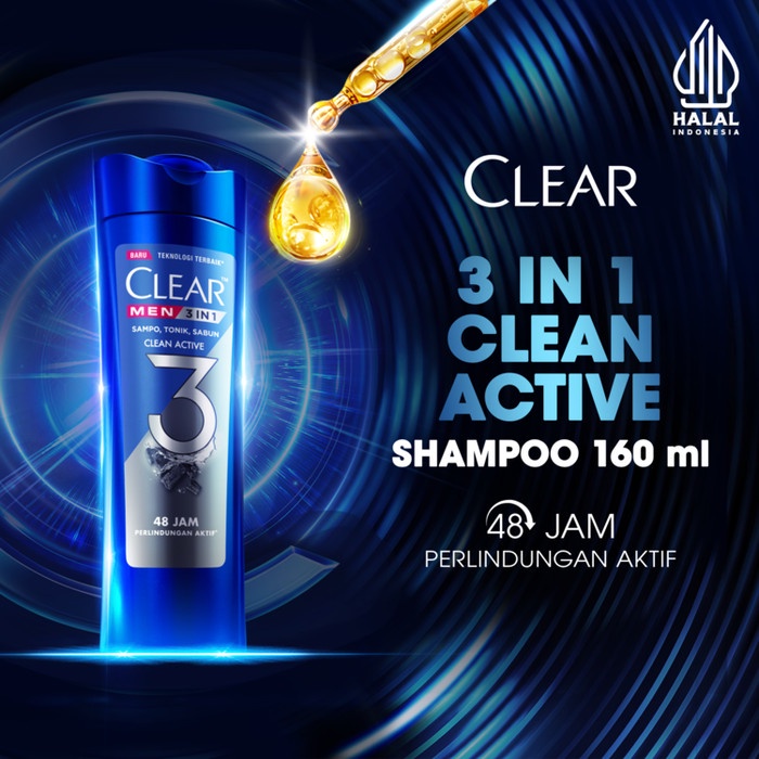 Terbaru Clear Men 3-In-1 Shampo Active Clean Bottle - 160Ml