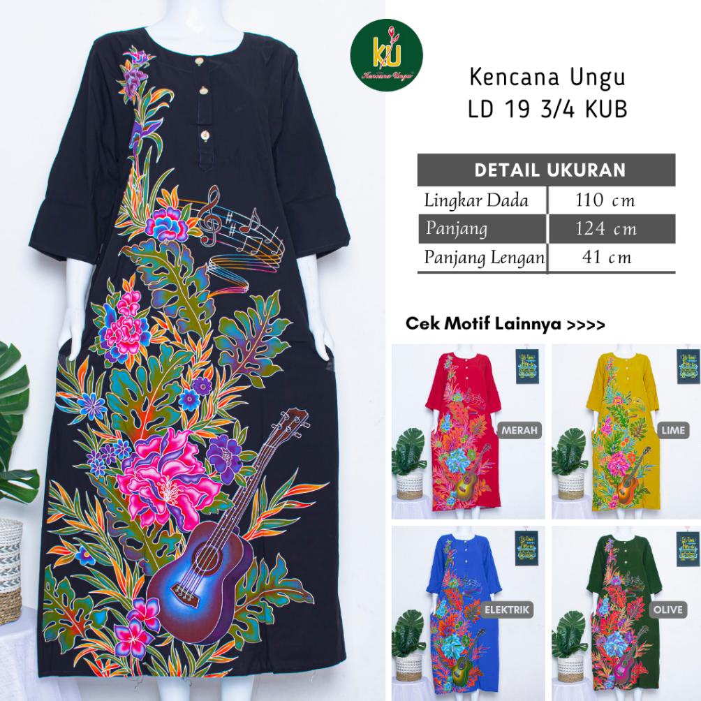 Sale LD 19 3/4 KUB Daster Kencana Ungu Lengan 3/4 Label Biru Baju Santai Tidur Wanita Dewasa Long Dress Batik Kancing Depan Busui Friendly Terlaris