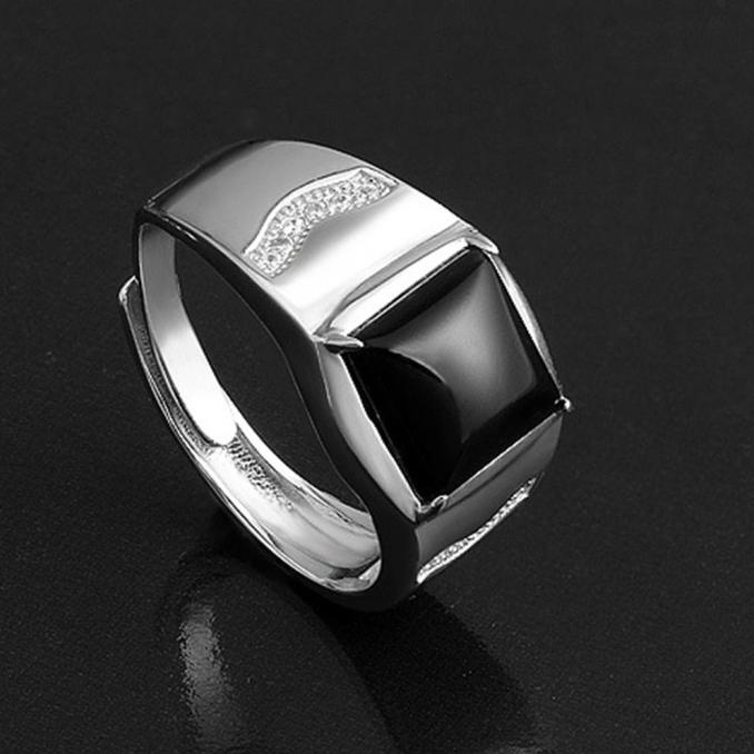 925 cincin perak murni untuk pria perhiasan batu permata hitam