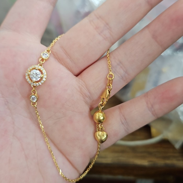 ✨Sale Gelang Serut Rantai Listring Mata Putih Emas Asli 375 Mewah Elegan Ubs Limited