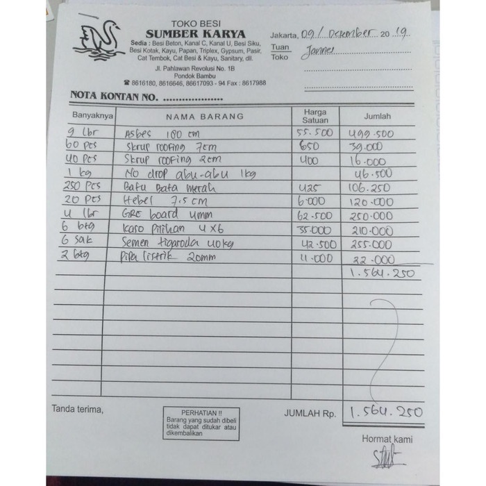 

✨Ready Nota Bpk Jannes 09 Desember 2019 Terbaru