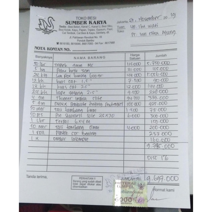 

✨Ready Nota Pt. Inti Citra Agung 21 November 2019 Diskon