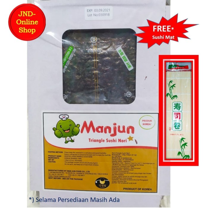 

Manjun Onigiri Triangle Sushi Nori Isi 100 Sheets + Bonus Sushi Mat