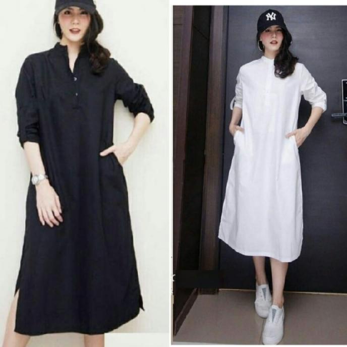 dress midi shirt polos baju wanita hitam putih bla white model hem