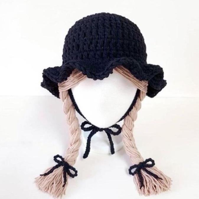 TOPI RAJUT ANAK/TOPI BAYI RAMBUT PALSU WARNA HITAM TANIAILA