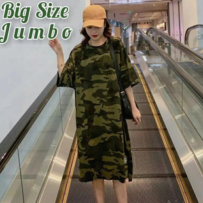 UI750 Baju Santai Wanita Jumbo Bigsize Daster Kaos Dress Motif Loreng Army TERBARU