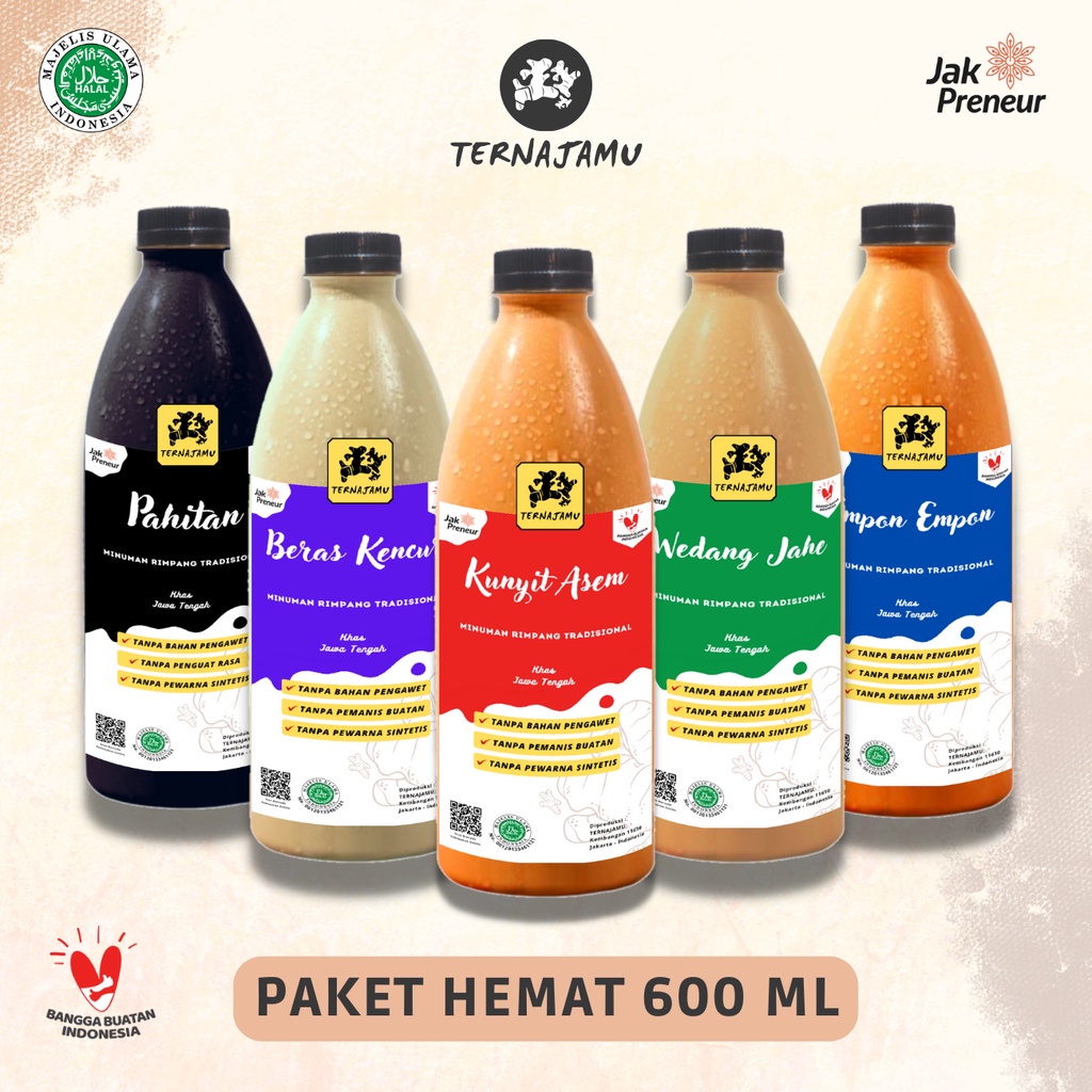 

4 Botol Jamu Kunyit Asem, Beras Kencur, Empon Empon, Wedang Jahe, Kunyit Asam Sirih 600 Ml Ternajamu