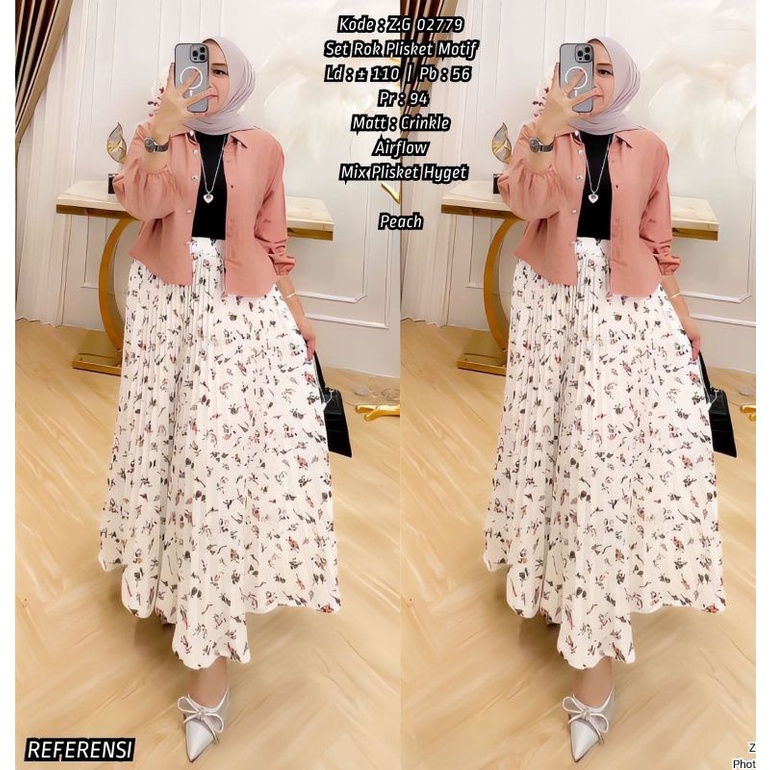 Oneset setelan rok plisket crinkle motif bahan bagus cantik dipakai
