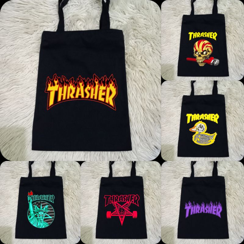 Totebag Hitam Thrasher 100% Kanvas Premium / Tas Jinjing Distro Thrasher / Tas Belanja Motif Distro 