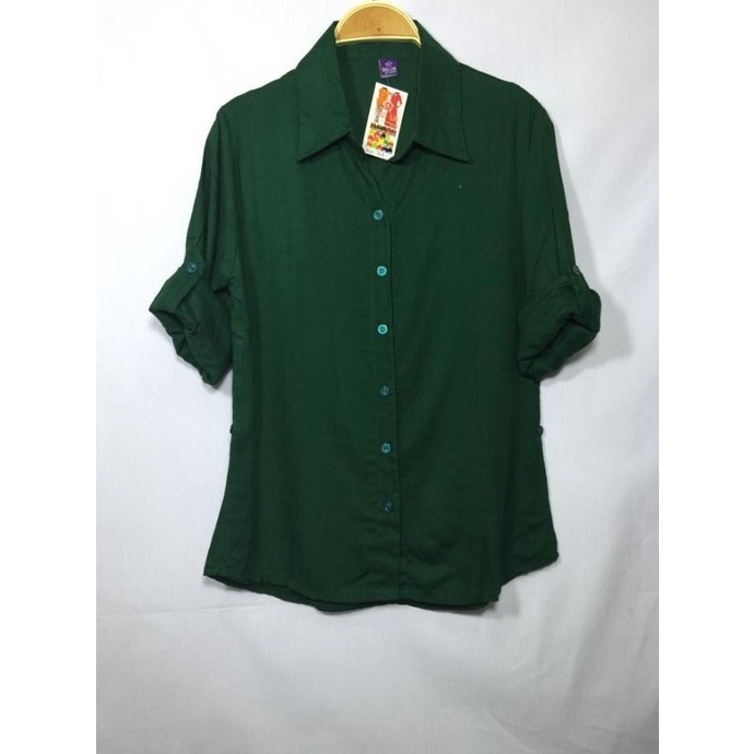 Kemeja Atasan Wanita Katun Rayon Adem Dan Tidak Ciut Warna Hijau Botol Pengiriman Cepat