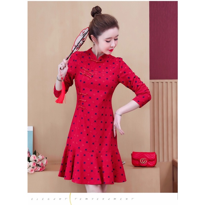 Cheongsam Import Dress Midi Imlek Merah Polkadot Jumbo Big Size Qipao