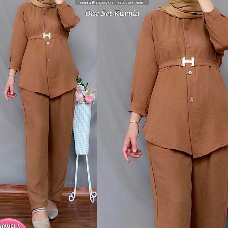 Wanita Polos Satu Set Kurnia Set - Setelan Crinkle Airflow One Set Kemeja Polos Piyama Pajamas Polos