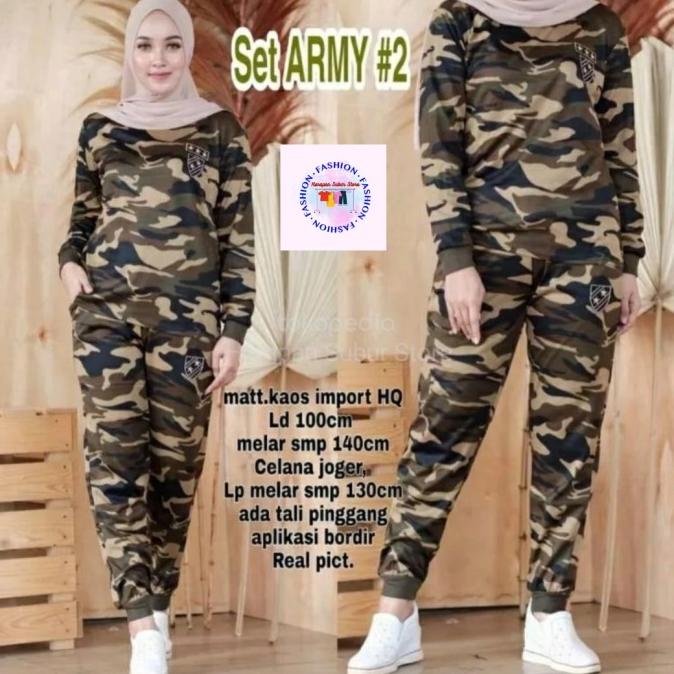 Setelan Baju Lengan Panjang Olahraga senam Loreng Army Wanita
