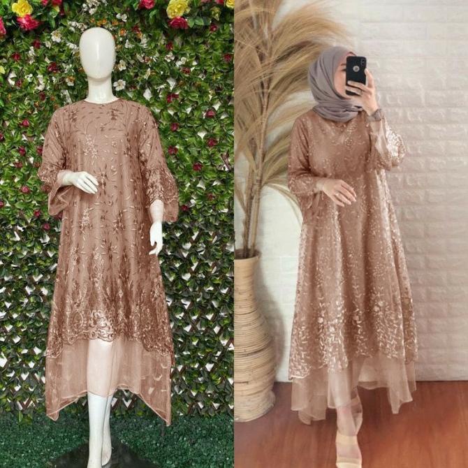 New Tunik Dress Wanita Bahan Tile Mutiara Casual Polos Mewah Panjang-Zaf Limited Edition