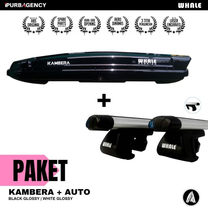 Paket Roof box Whale Kambera + Cross bar Auto Jepit roof rail