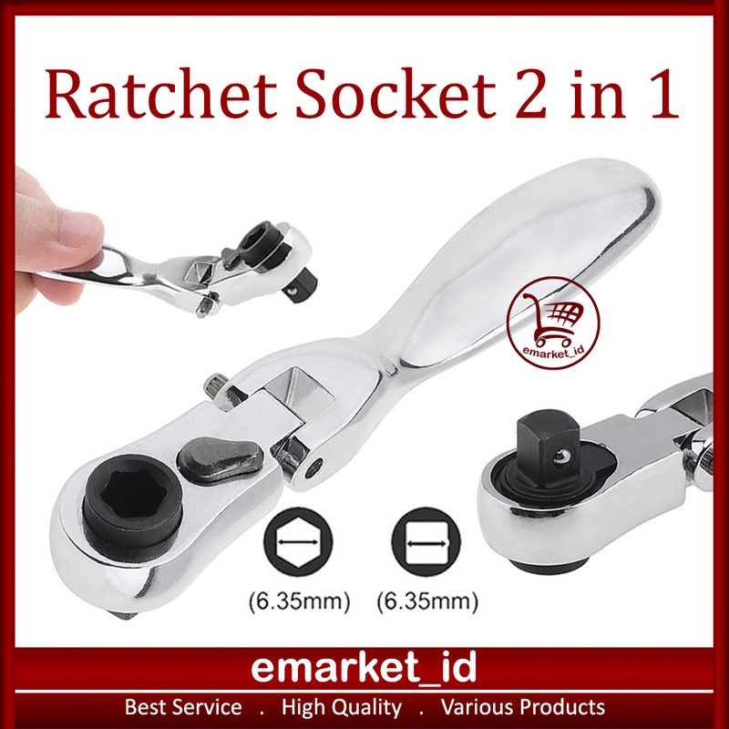 Mini Ratchet Socket 2 in 1 / Kunci Pas Sok 6.35mm Ring L 1/4 inch / Obeng Shock Wrench Torsi Handle