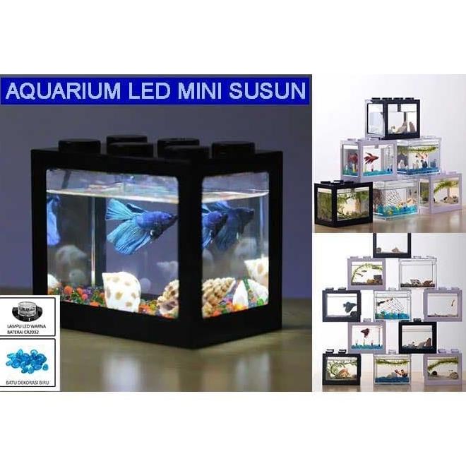 Aquarium mini kecil susun lampu led ikan hias cupang colokan usb