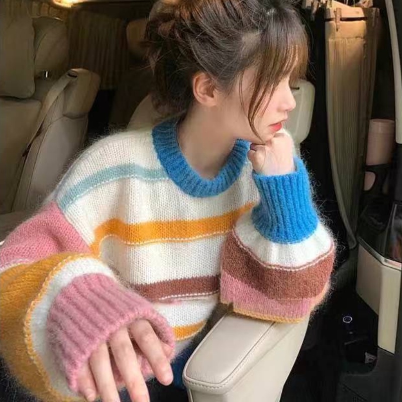 [AMAZED PEOPLE] YURUMA Rainbow Bergaris Sweater Wanita Longgar Pakaian Luar Mahasiswa Jepang Lucu