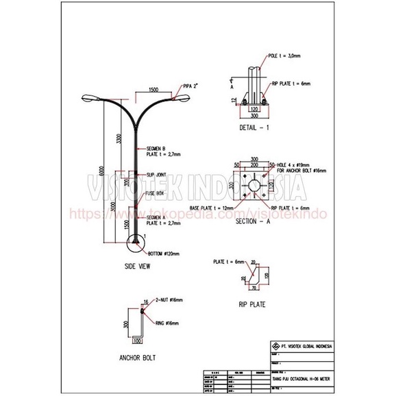 Tiang Lampu Pju Double Arm 6 Meter Hd Galvanize Tower Lampu Oktagonal Murah Berkualitas