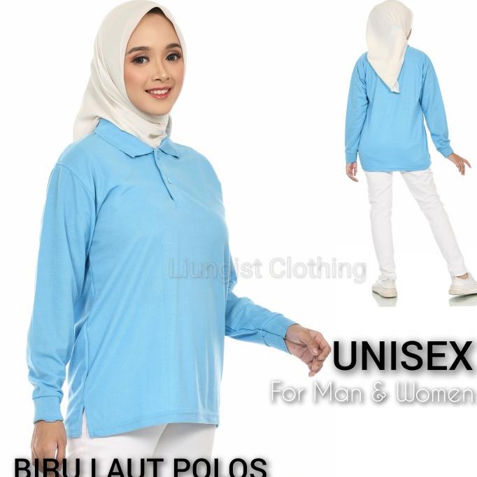 Kaos Polo Panjang Biru Laut Polos / Kaos Kerah Panjang