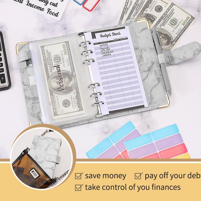 

A6 Binder Marmer Cover Dengan Kantong Ritsleting Amplop Uang Tunai Ganggaran Uang Yimpanan Buku Alat Tulis