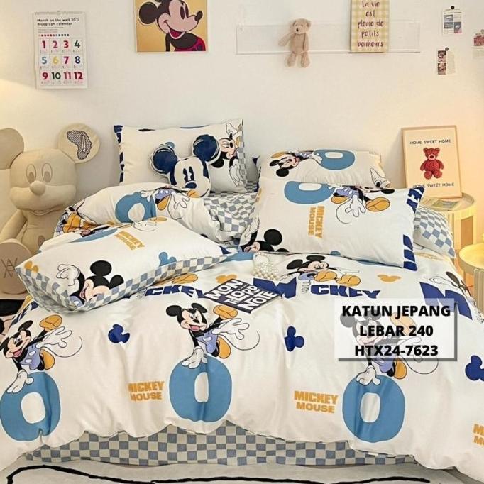 Sprei Katun Jepang Anak 2309246 Mickey Miki Putih White Biru Seprei Pinknaughty