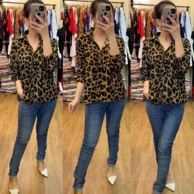 Terlaris Kemeja Leopard Wanita Lengan Panjang Motif Macan