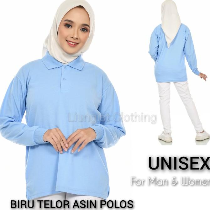 Kaos Polo Panjang Biru Telor Asin Polos / Kaos Kerah Panjang