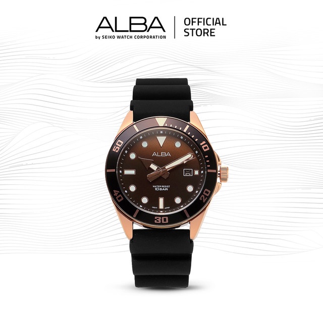 Alba Active Jam Tangan Pria AG8K20 / AG8K20X1 Quartz Dark Brown Dial Black Rubber Strap Watch